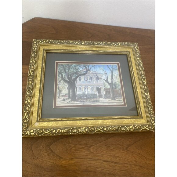 Essie DeLoach Savannah's Gigerbread House on Bull Street Print Gold Grame Gilded